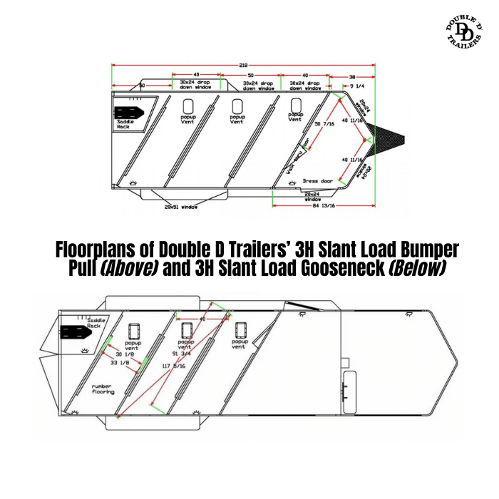 Visual floorplan comparison of Double D Trailers 3H Slant Load Bumper Pull vs. 3H Slant Load Gooseneck showing differences in size, overhead space, and towing configurations.