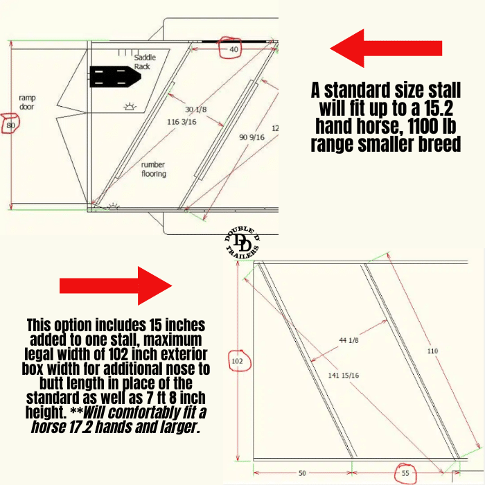 Diagram showing Double D Trailers' custom stall size capabilities to fit a wide variety of horse sizes.