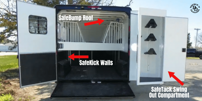 Photo of the horse area of a Double D Trailer highlighting its exclusive features: SafeBump Roof, SafeTack compartment, and SafeKick wall system.