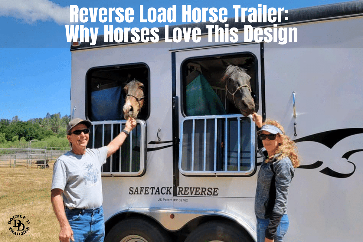 Happy customers standing beside their horses in a Double D Trailers SafeTack Reverse load horse trailer, showcasing the comfort and satisfaction of both horses and owners with this innovative trailer design.