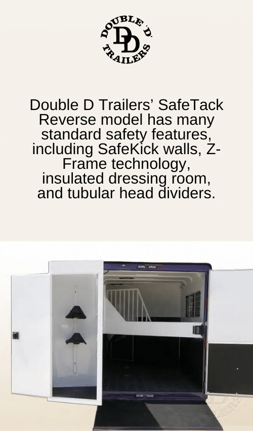 Interior of Double D Trailers' SafeTack Reverse trailer displaying multiple safety features, including SafeKick walls, Z-Frame technology, insulated dressing room, and tubular head dividers.