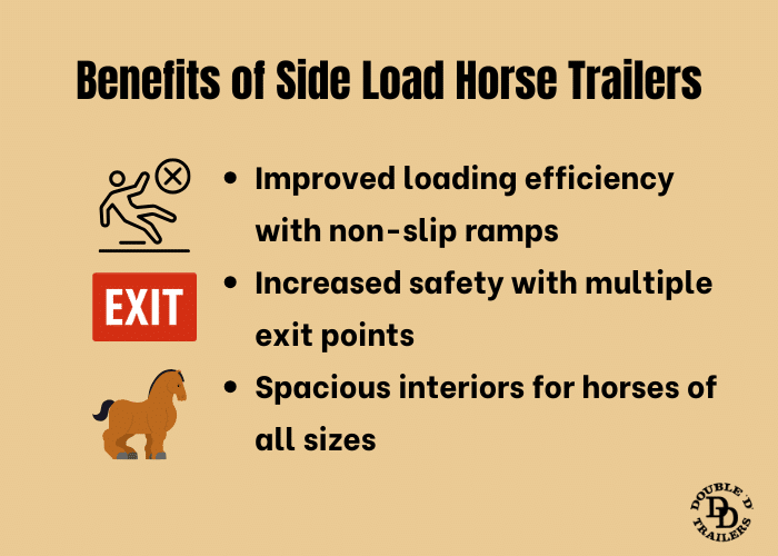 An infographic displaying the benefits of side load horse trailers including improved loading efficiency with non-slip ramps, increased safety with multiple exit points, and spacious interiors for horses of all sizes. 