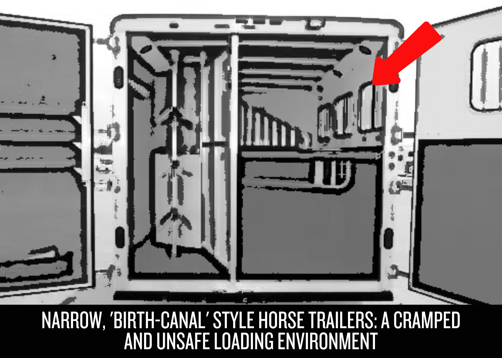 Illustration of a narrow, confining rear tack area in a slant load horse trailer, highlighting potential discomfort and safety hazards for horses due to cramped space