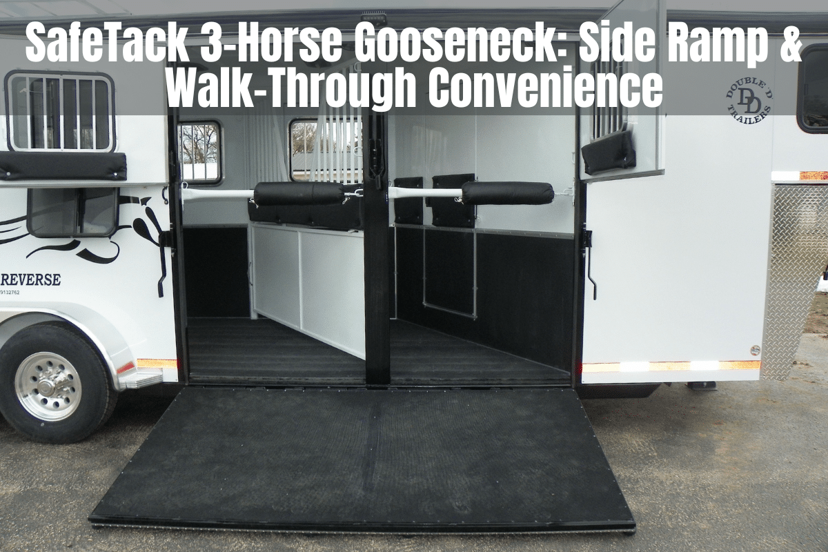 SafeTack 3-Horse Gooseneck trailer featuring a side ramp and walk-through design, with reverse-facing stalls and enhanced loading convenience for horses.