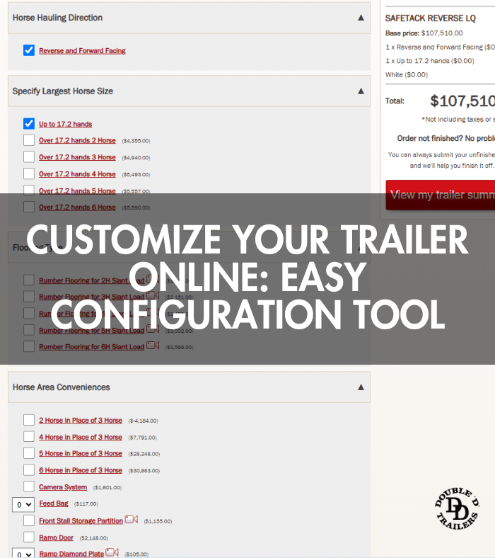 Screenshot of Double D Trailers' online trailer configurator tool allowing users to customize horse trailer features and layouts