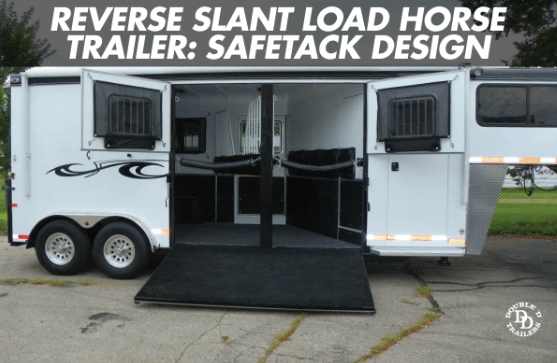 Photo of a reverse load horse trailer featuring side ramps and rear-facing stalls for improved safety and accessibility.