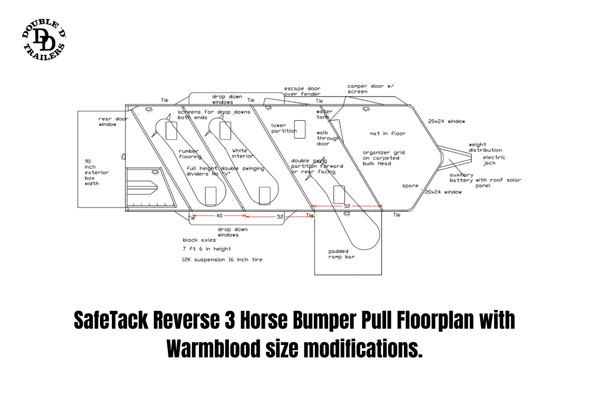 SafeTack Reverse 3 Horse Bumper Pull Floorplan with Warmblood size modifications.